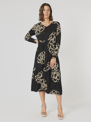 DRESS: Louvre-L/S- Black/Beige