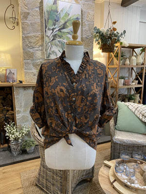 SHIRT: Sabine-Frill V-Neck-Choc/Or-One Size