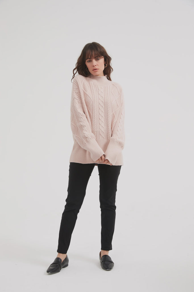 KNIT: Classic Cable Turtle Neck-Champagne