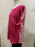 Top: Striped Crew Curved Hem Pullover -Pink/white